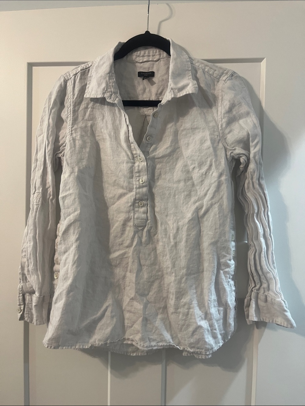 Talbots Light Gray Linen Button-Neck Blouse Side Buttons Medium Petite Like New